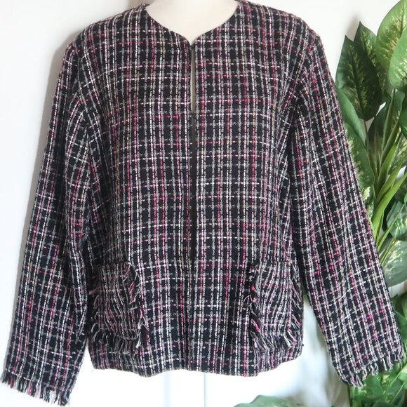 Chico’s Black Pink Tweed Plaid Jacket Blazer Office Career Fall Winter L Large - Picture 2 of 15